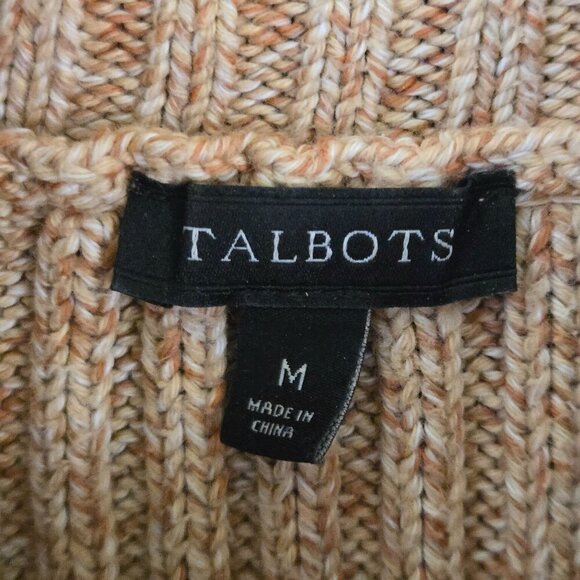 Talbots Cable Cowl Neck Sweater Tan Marled Gold Button Detail Sustainable Size M - Picture 7 of 8